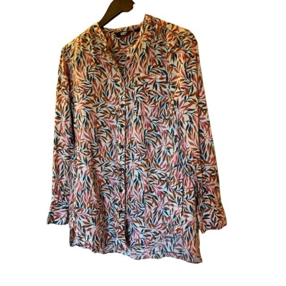Lands' End Women's Leaf Print Button Front Tunic Top Long Sleeve Pockets Medium
